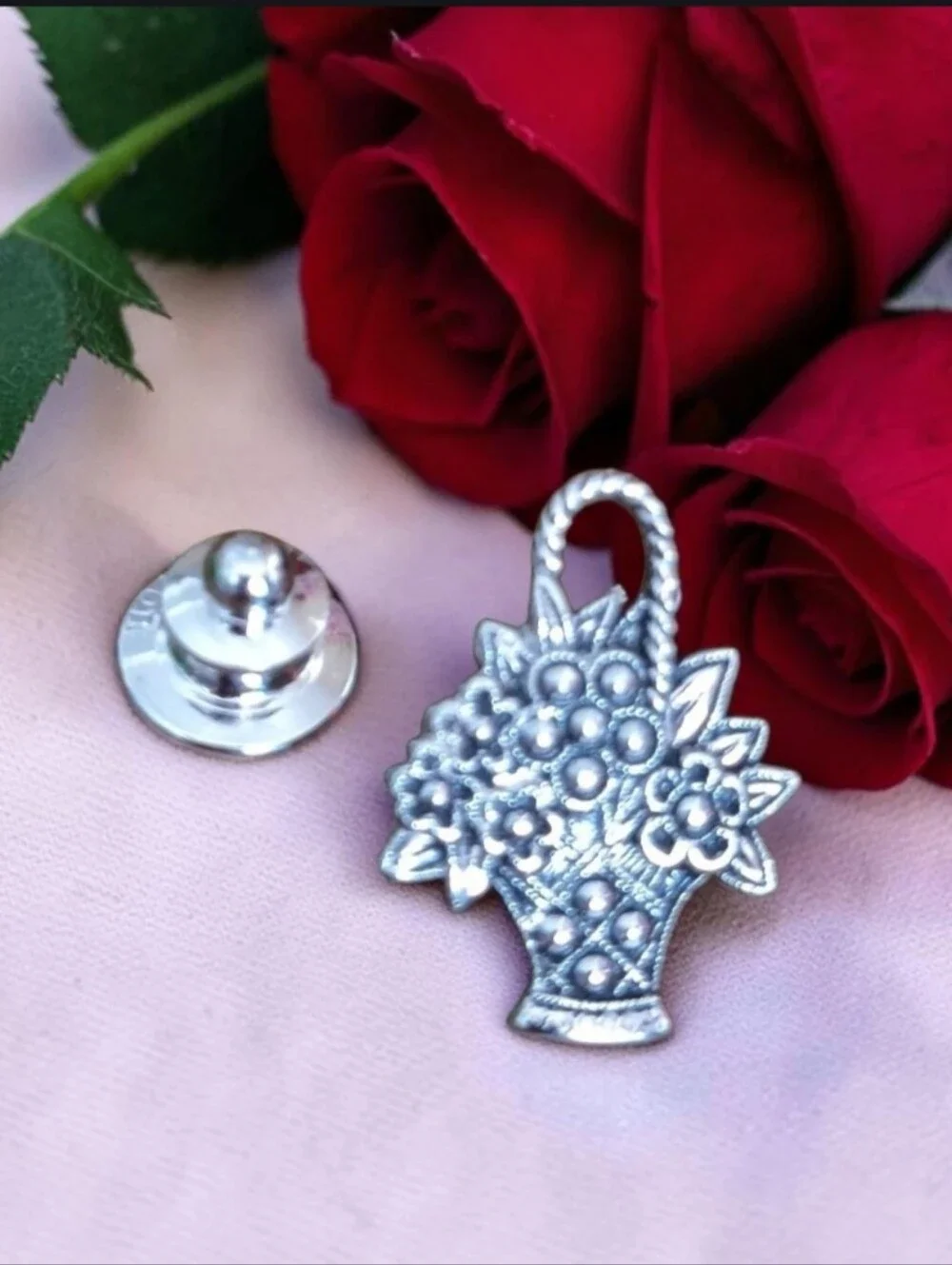 Avon Silver Floral Basket Lapel Pin - Elegant Women Jewelry